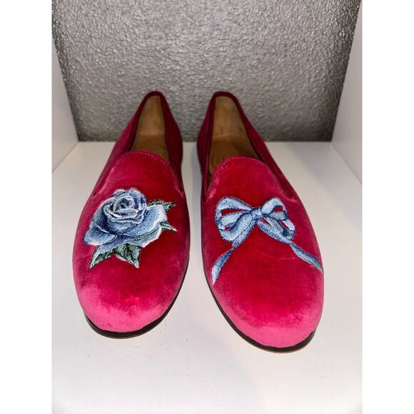 LoveShackFancy Stubbs Wootton Pink Velvet Rose Bow Embroidered Slippers Sz 8 - Picture 4 of 13